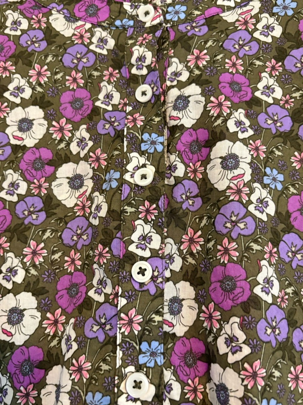 Talbots Floral Button-Front Ruffled Collar Blouse – Purple, Cream & Brown - Picture 6 of 12